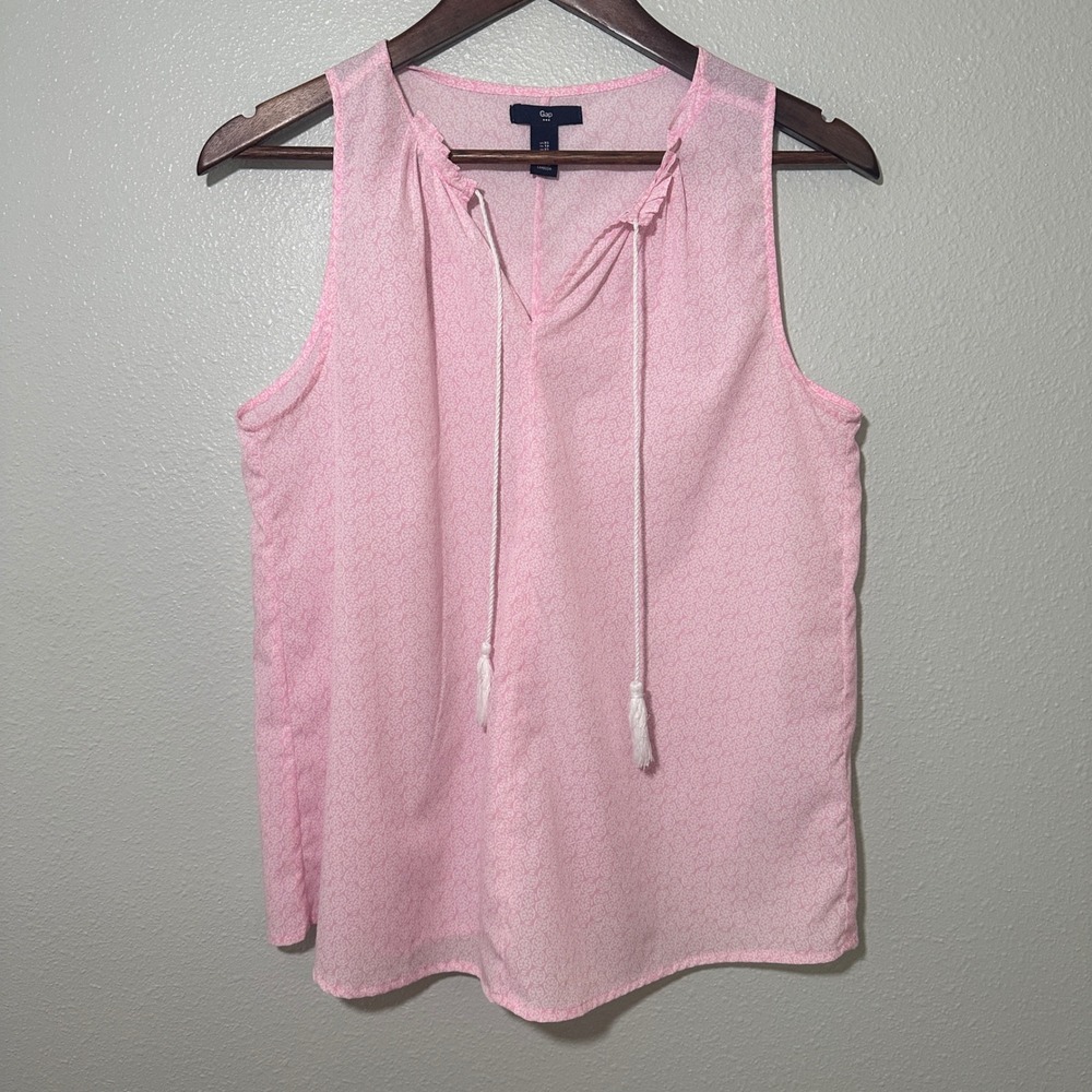 Gap Womens XS Pink White Medallion Print Sleeveless Tassel Tie Blouse Top